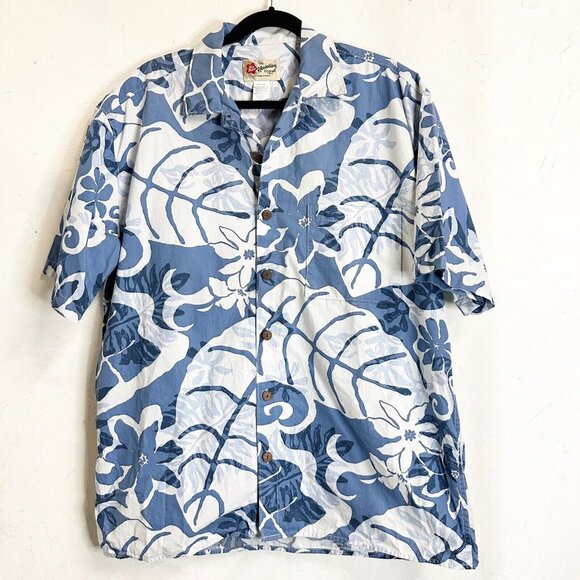 Hilo Hattie Vintage Floral Hawaiian Button Down Shirt Mens Large Blue Vacation - Picture 1 of 9
